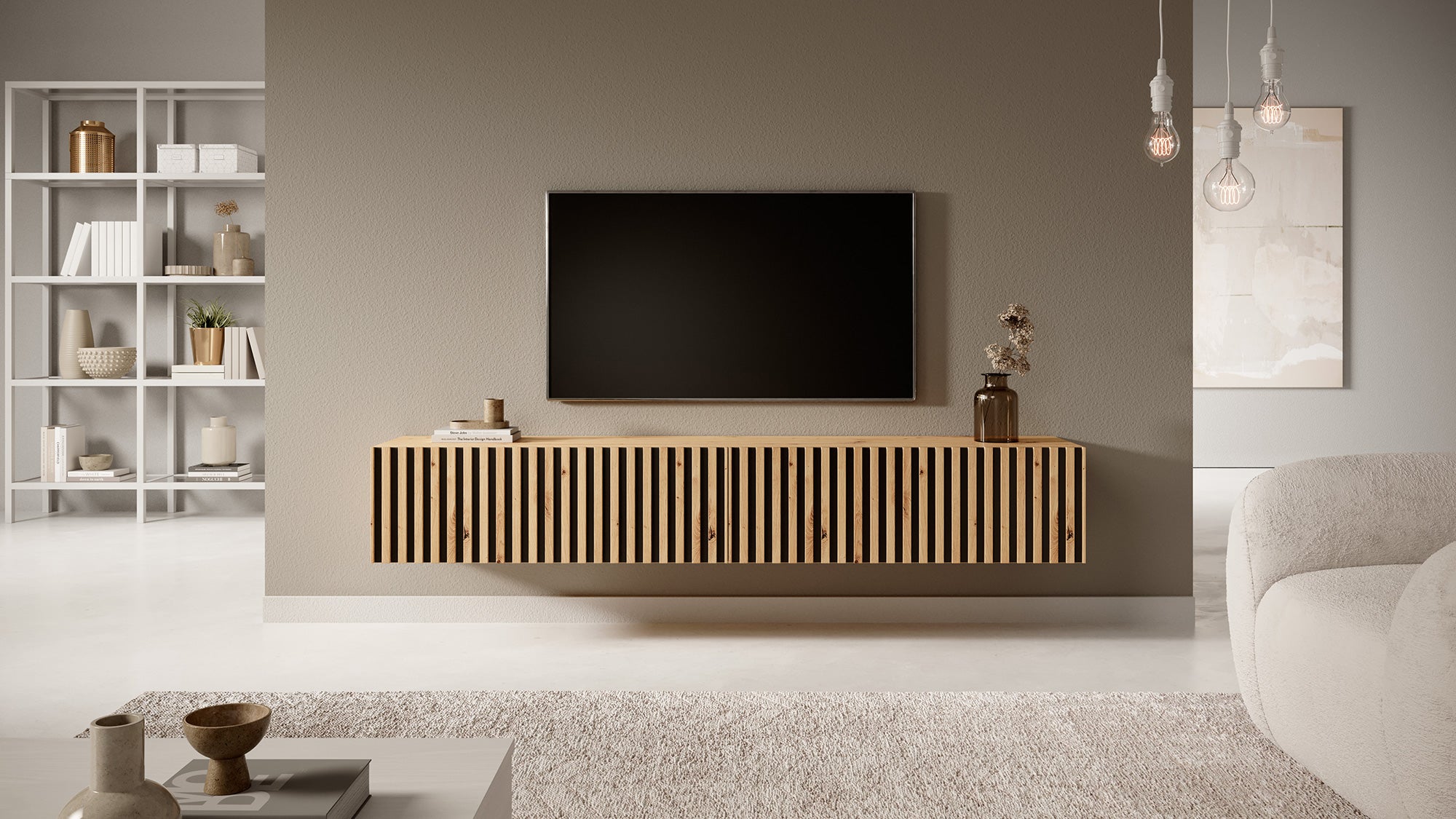 Meuble TV Telire 175 cm chêne Artisan lattes avec inserts noirs