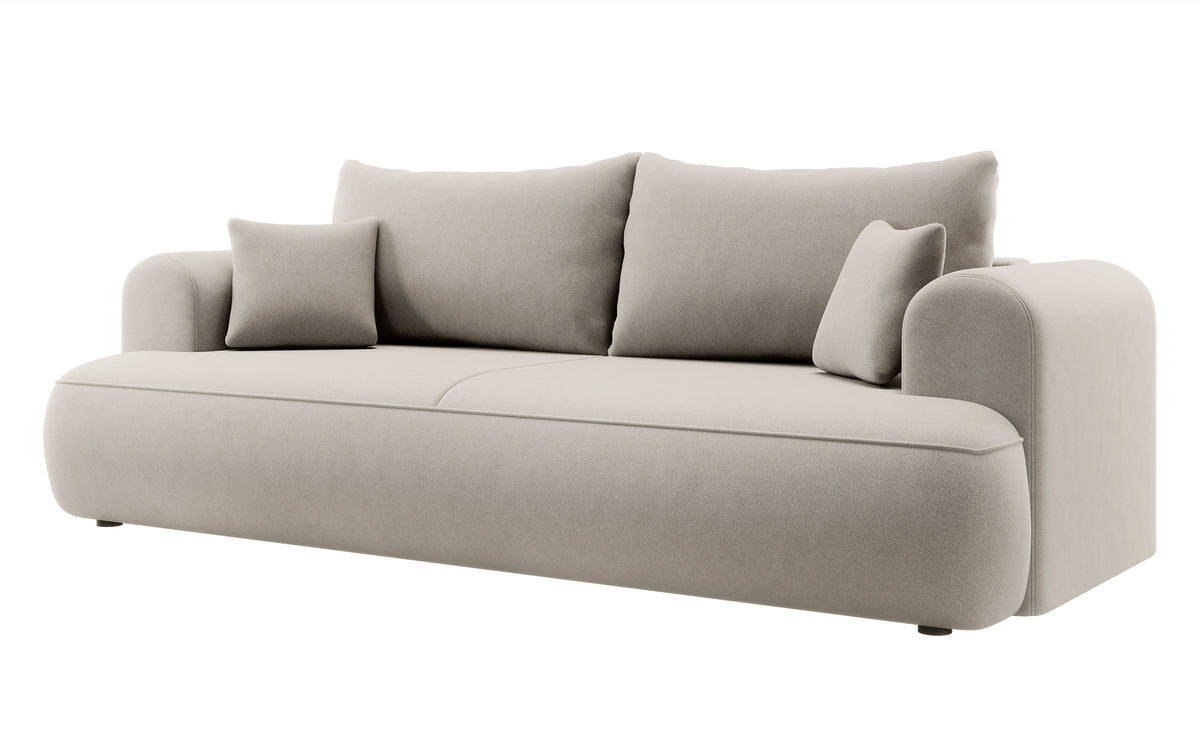 Canapé convertible 3 places Ovo avec rangement, velours crème en tissu facile à nettoyer