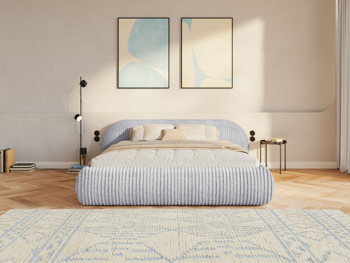 Lit tapissé 140x200 cm Shels Low avec rangement, cadre métallique, velours côtelé épais gris