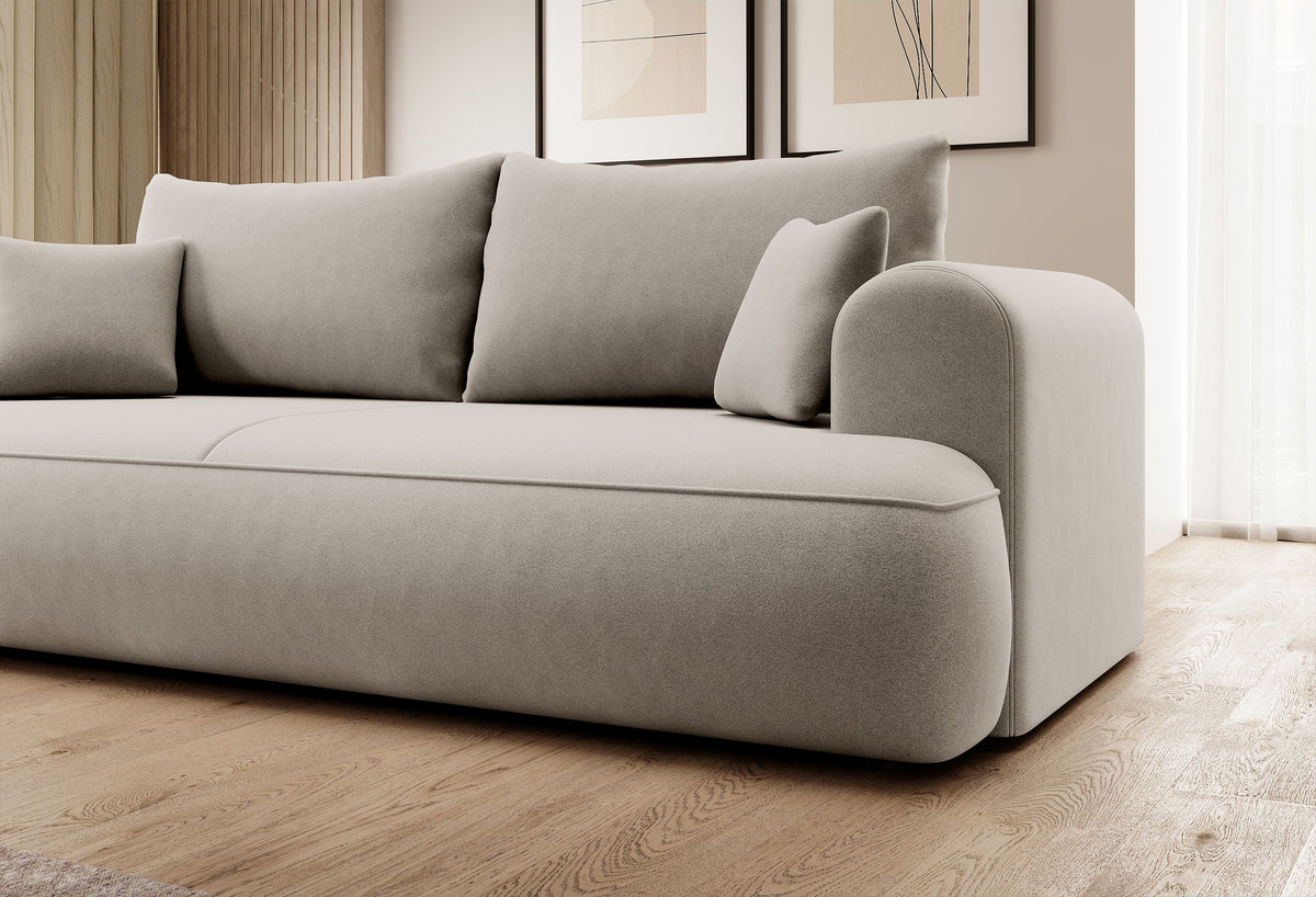 Canapé convertible 3 places Ovo avec rangement, velours crème en tissu facile à nettoyer
