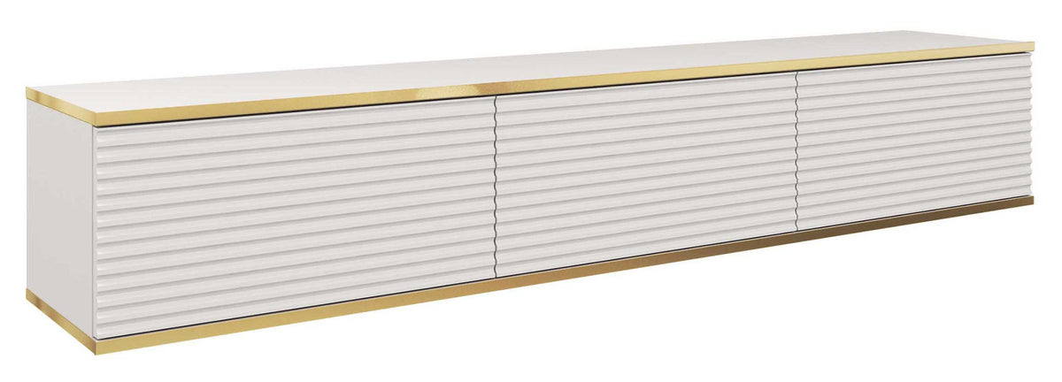 Meuble TV Mucalma 175 cm blanc avec inserts dorés lamelles
