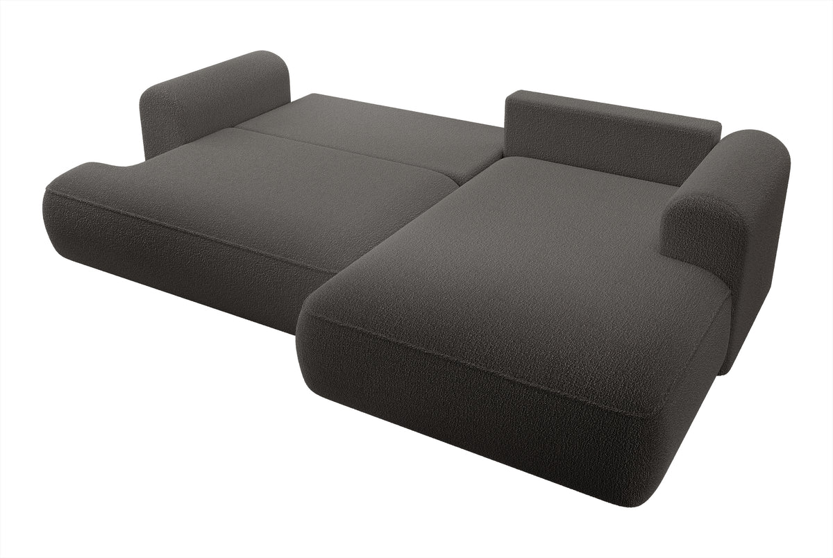 Canapé d'angle convertible Ovo en boucle gris foncé avec coffre, configuration en L, côté droit