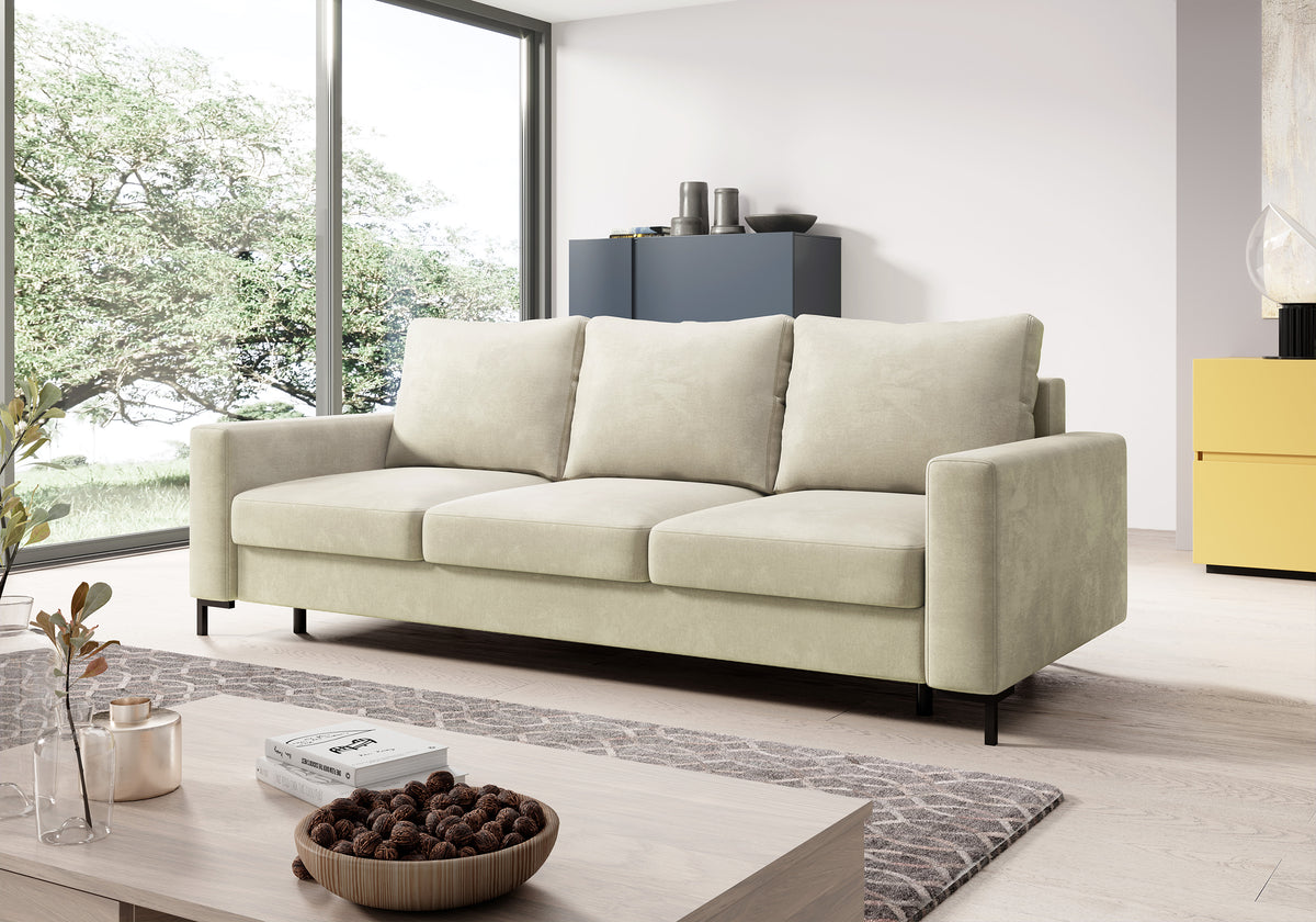 Dreisitziges ausklappbares Sofa Mokpeo mit Stauraum, beige, pflegeleichter Samtstoff