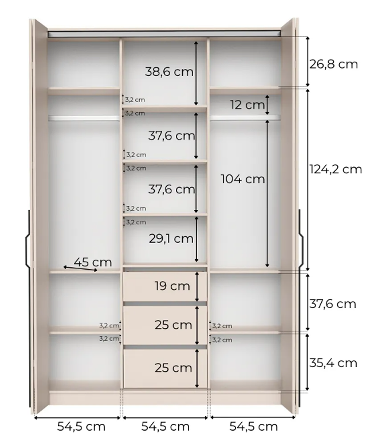 Zweiturige Bari-Garderobe mit drei Schubladen, 170 cm, Artisan-Eiche