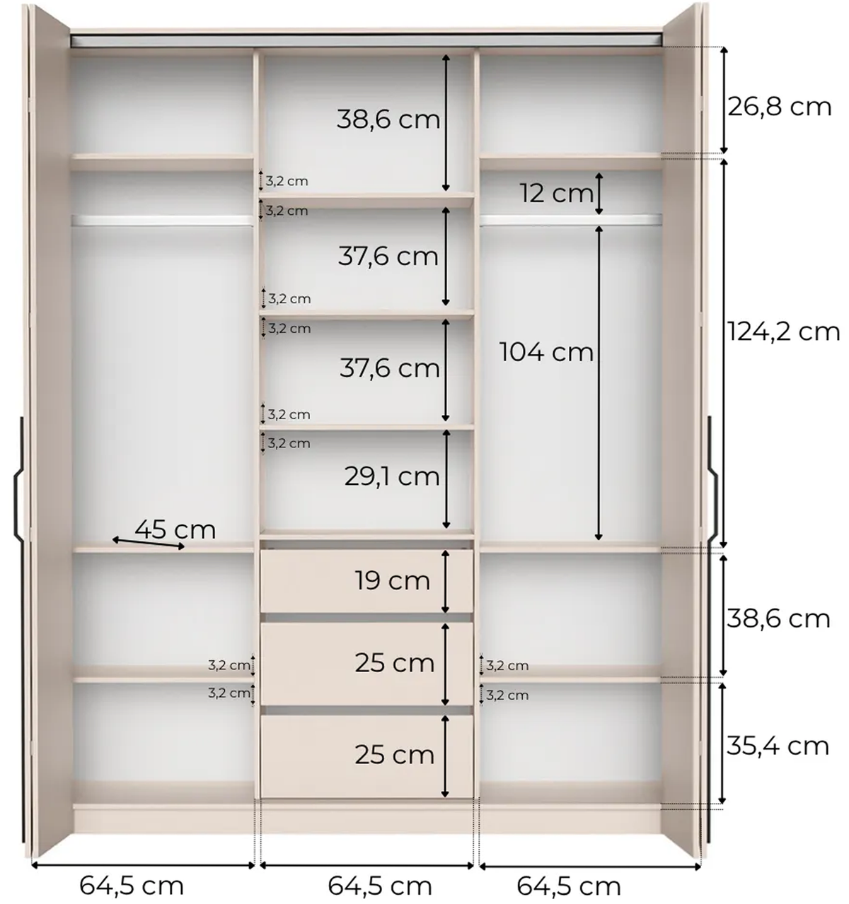 Armoire deux portes Bari avec trois tiroirs 200 cm chêne bookmatch