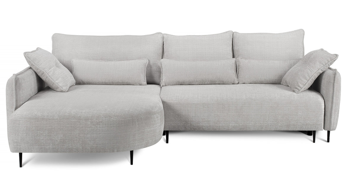 Canapé d'angle Oblivio avec fonction couchage en L, rangement, tissu chenille gris clair, configuration gauche