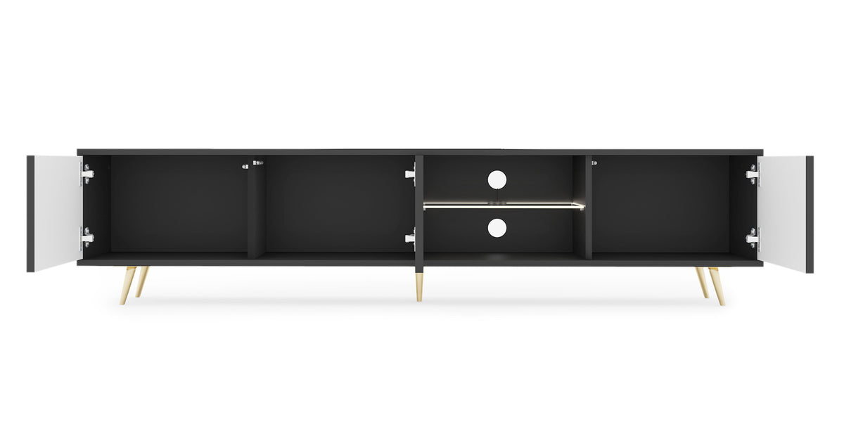 Meuble TV Bello avec façades à lamelles 175 cm noir avec LED et pieds dorés