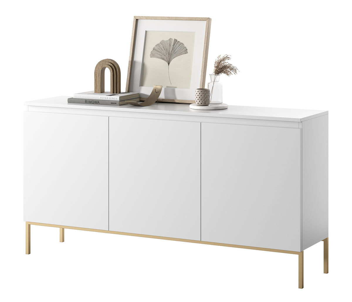 Commode trois portes Bemmi 150 cm blanche avec pieds dorés