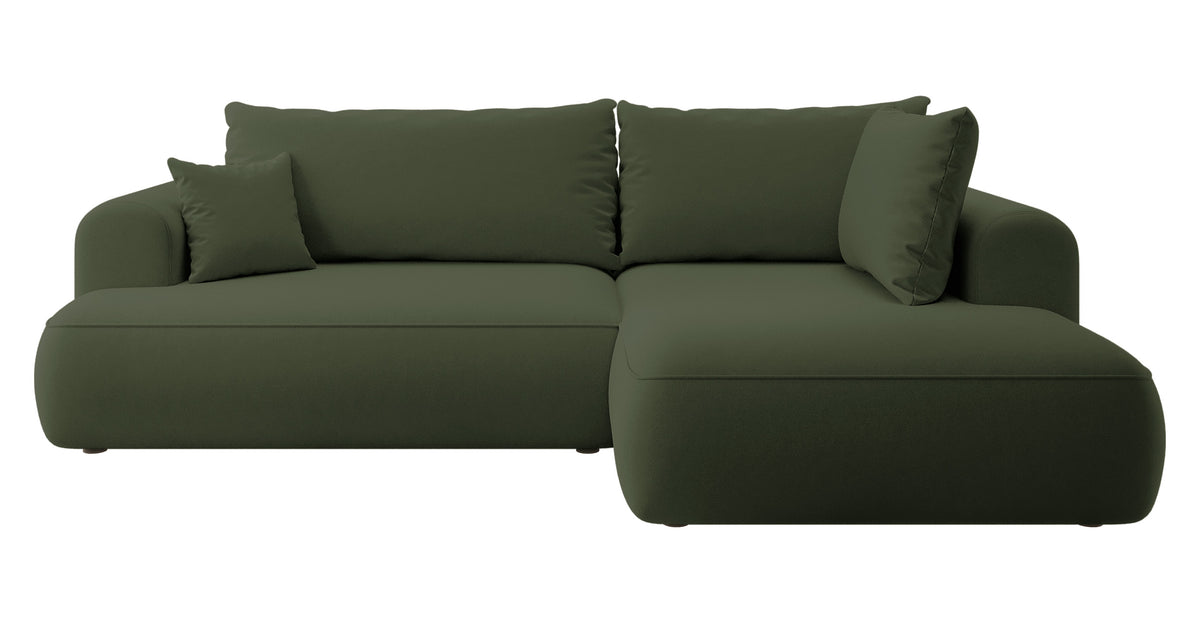 Canapé d'angle convertible Ovo en velours olive facile à nettoyer, avec accoudoir et coffre de rangement, version droite