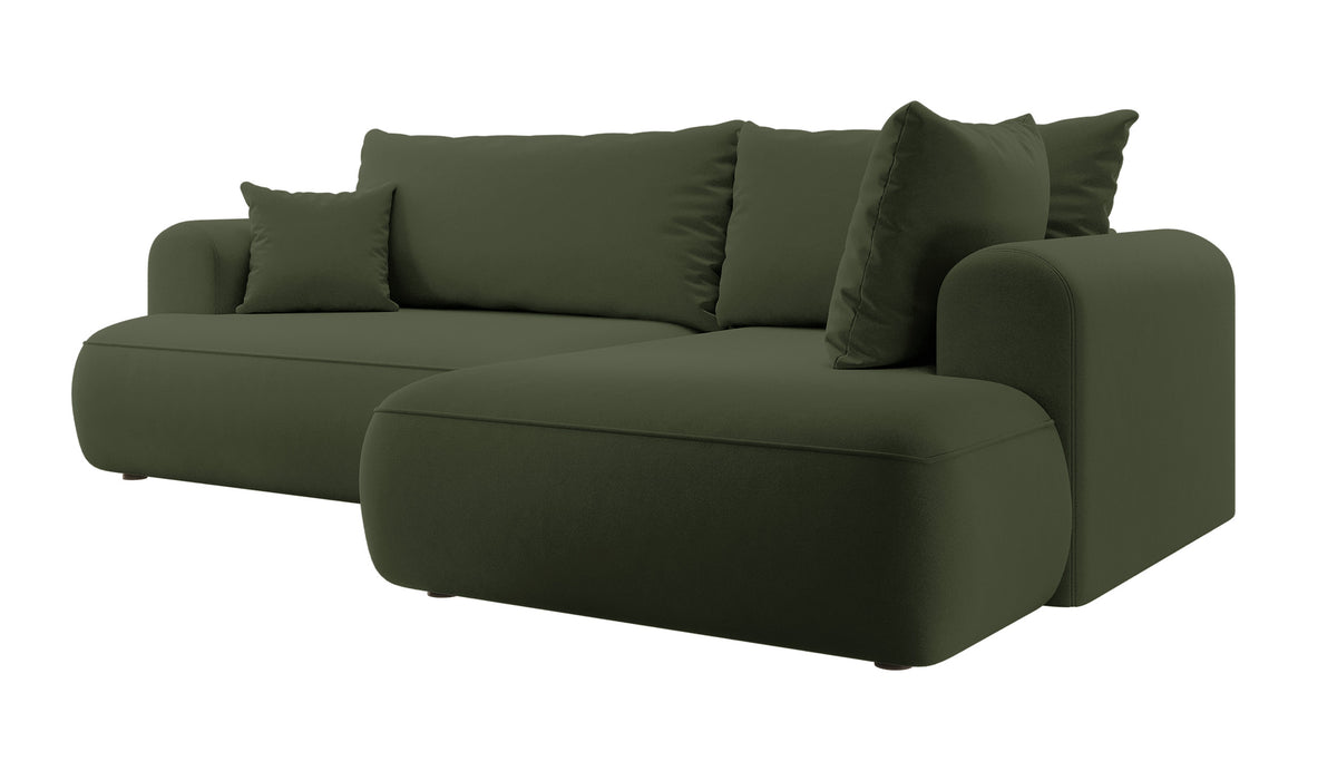 Canapé d'angle convertible Ovo en velours olive facile à nettoyer, avec accoudoir et coffre de rangement, version droite