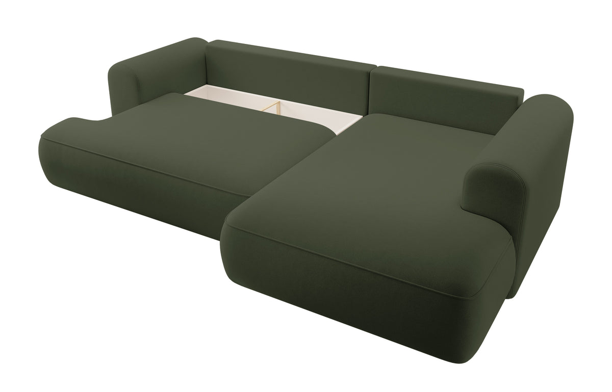 Canapé d'angle convertible Ovo en velours olive facile à nettoyer, avec accoudoir et coffre de rangement, version droite