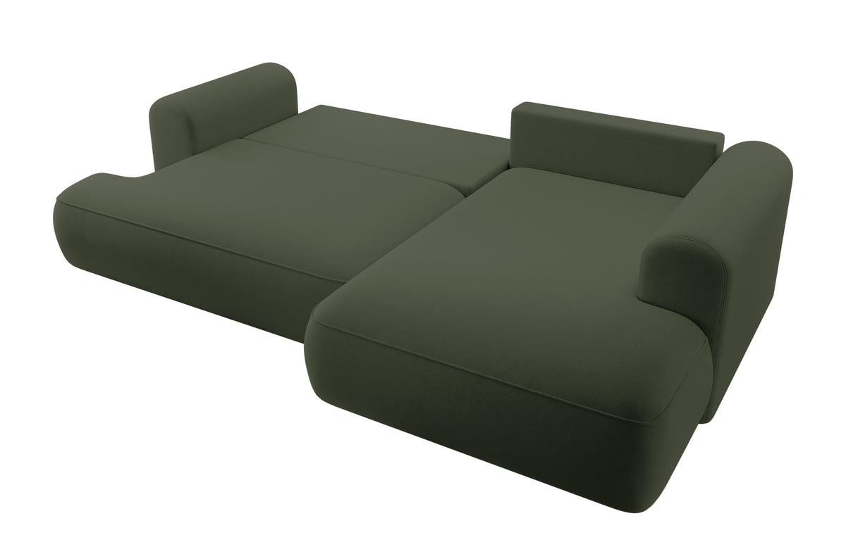 Canapé d'angle convertible Ovo en velours olive facile à nettoyer, avec accoudoir et coffre de rangement, version droite