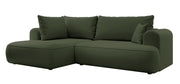 Canapé d'angle avec fonction couchage Ovo en L, accoudoir et coffre de rangement, velours olive facile d'entretien, version gauche