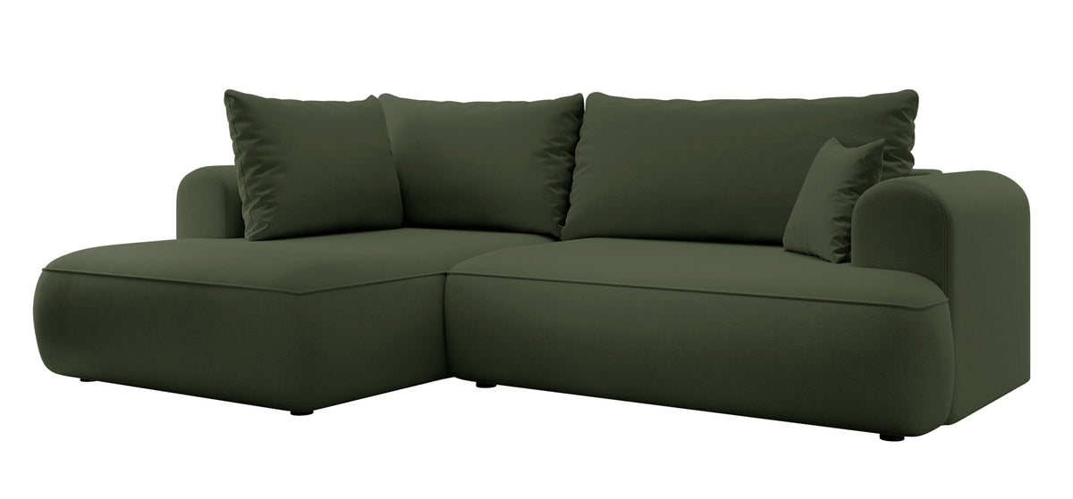 Canapé d'angle avec fonction couchage Ovo en L, accoudoir et coffre de rangement, velours olive facile d'entretien, version gauche