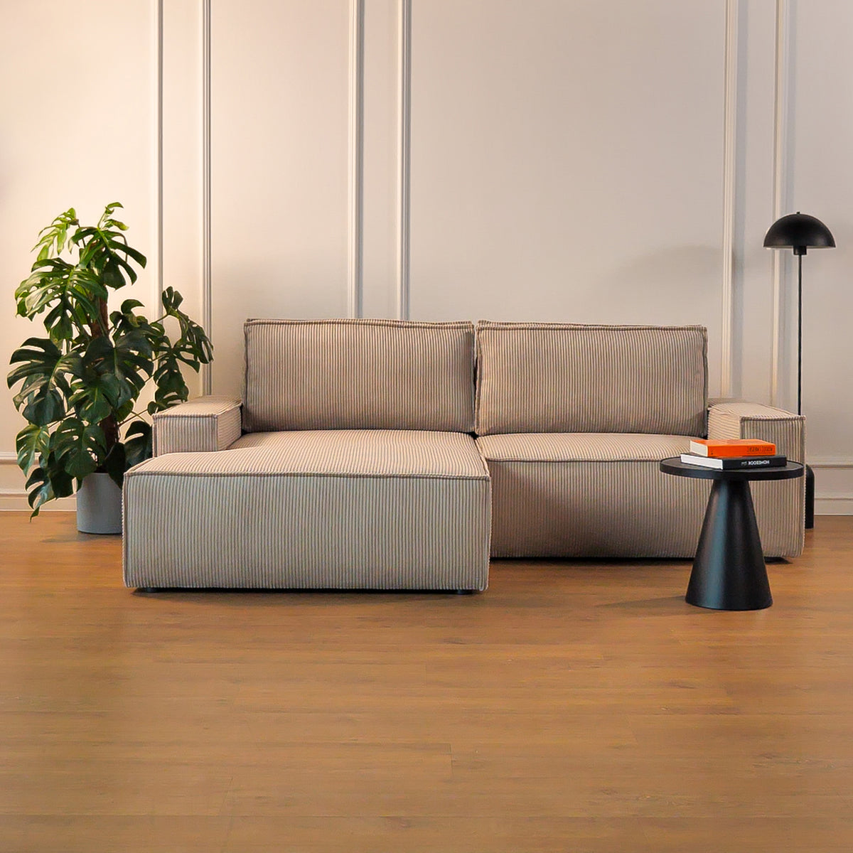 Ecksofa mit Schlaffunktion Farese Mini, L-förmig, linksseitig, mit Stauraum, beige Cordstoff