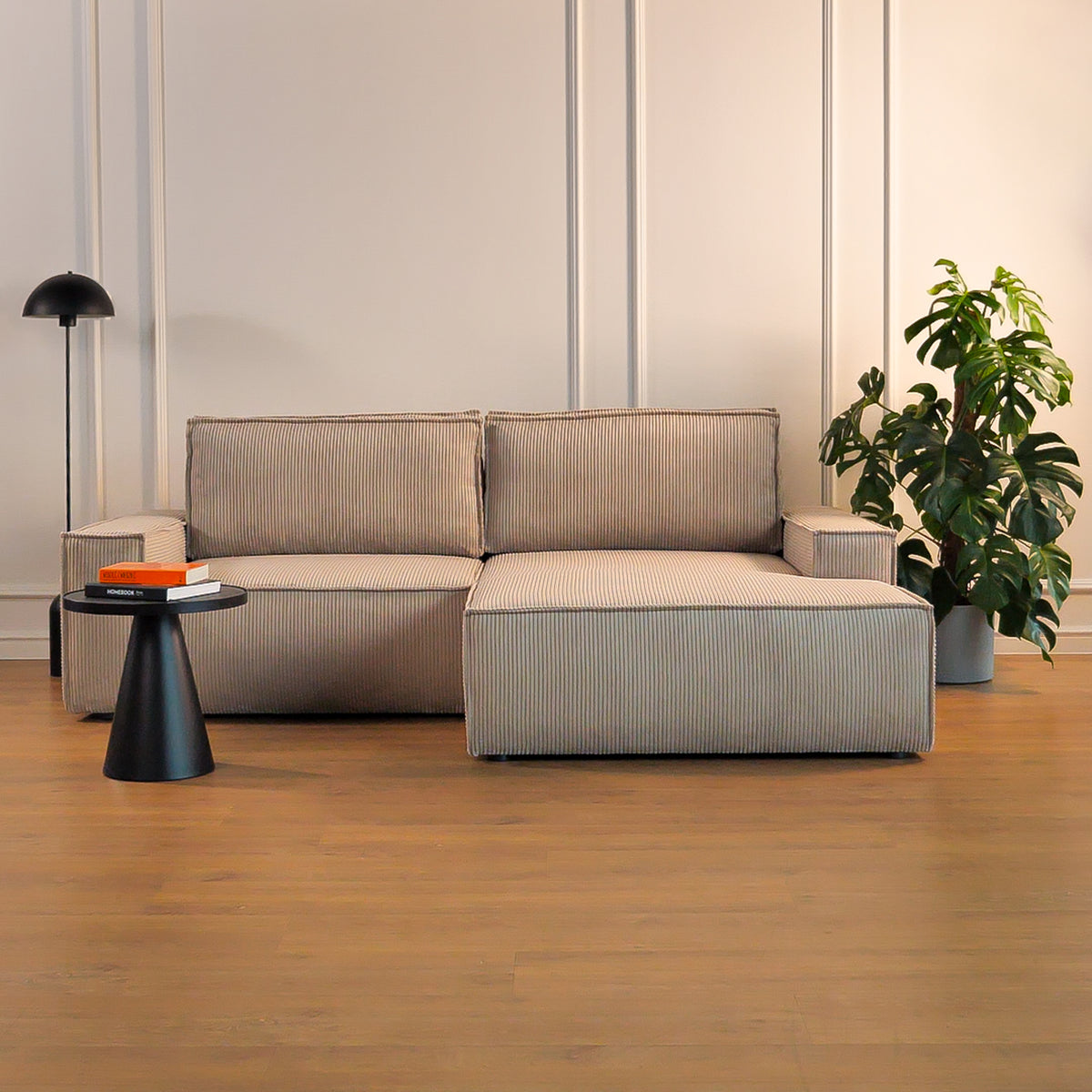 Canapé d'angle avec fonction couchage Farese mini en L, angle droit, avec rangement, velours côtelé beige