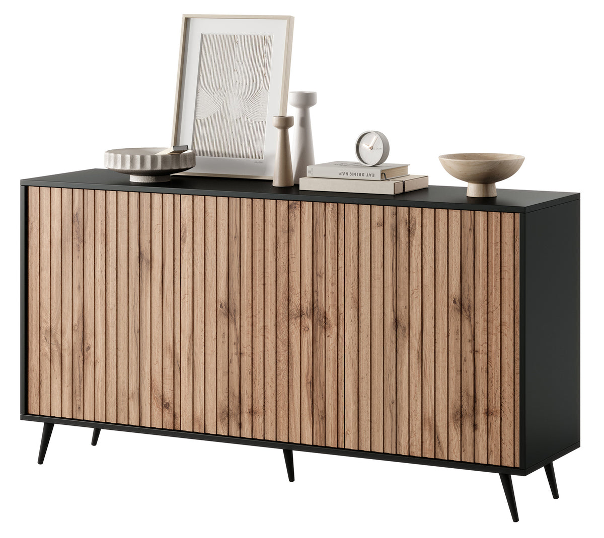 Commode Bello avec façades à lames 154 cm noire/chêne Wotan