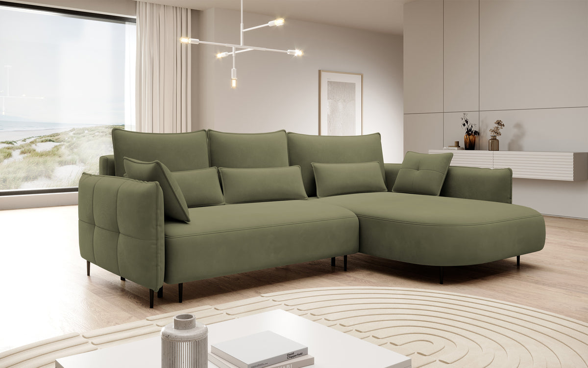 Canapé d'angle Oblivio avec fonction couchage, en L, avec coffre de rangement, velours olive hydrofuge, côté droit
