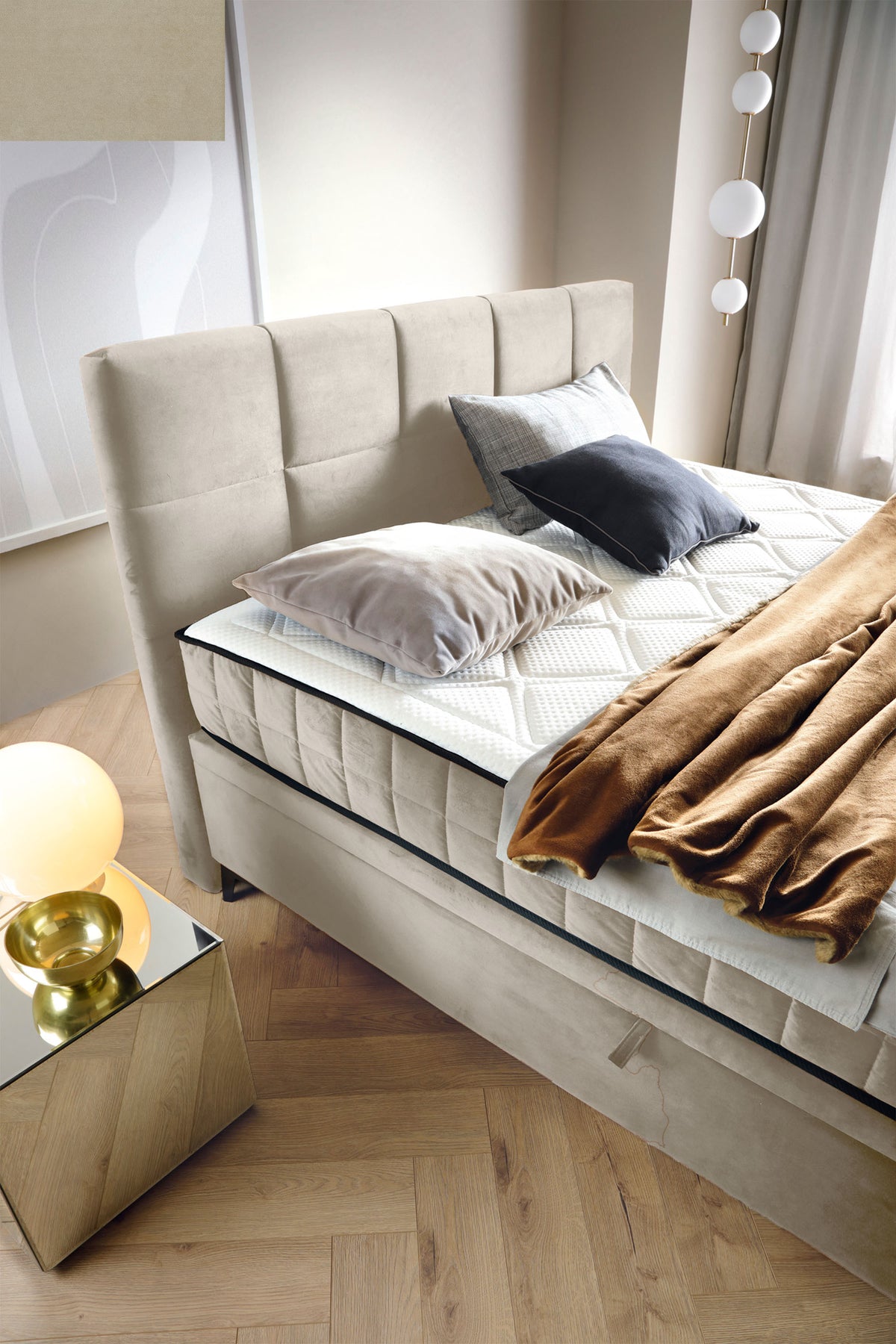 Kontinentalbett 180x200 cm Beriano mit Stauraum und Matratze, hellbeiger Samt