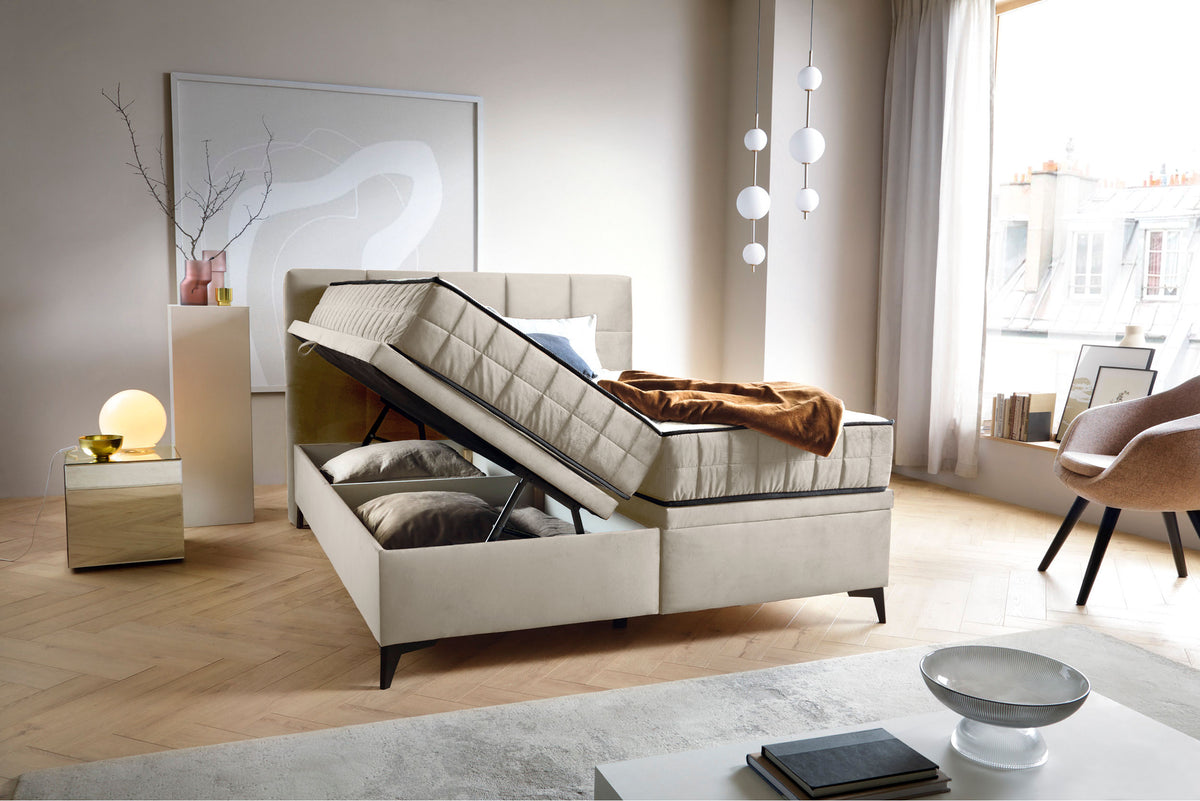 Kontinentalbett 180x200 cm Beriano mit Stauraum und Matratze, hellbeiger Samt