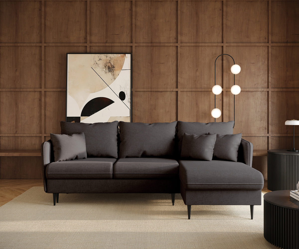 Canapé d'angle Volio L avec fonction couchage, tissu chenille gris foncé, pieds noirs