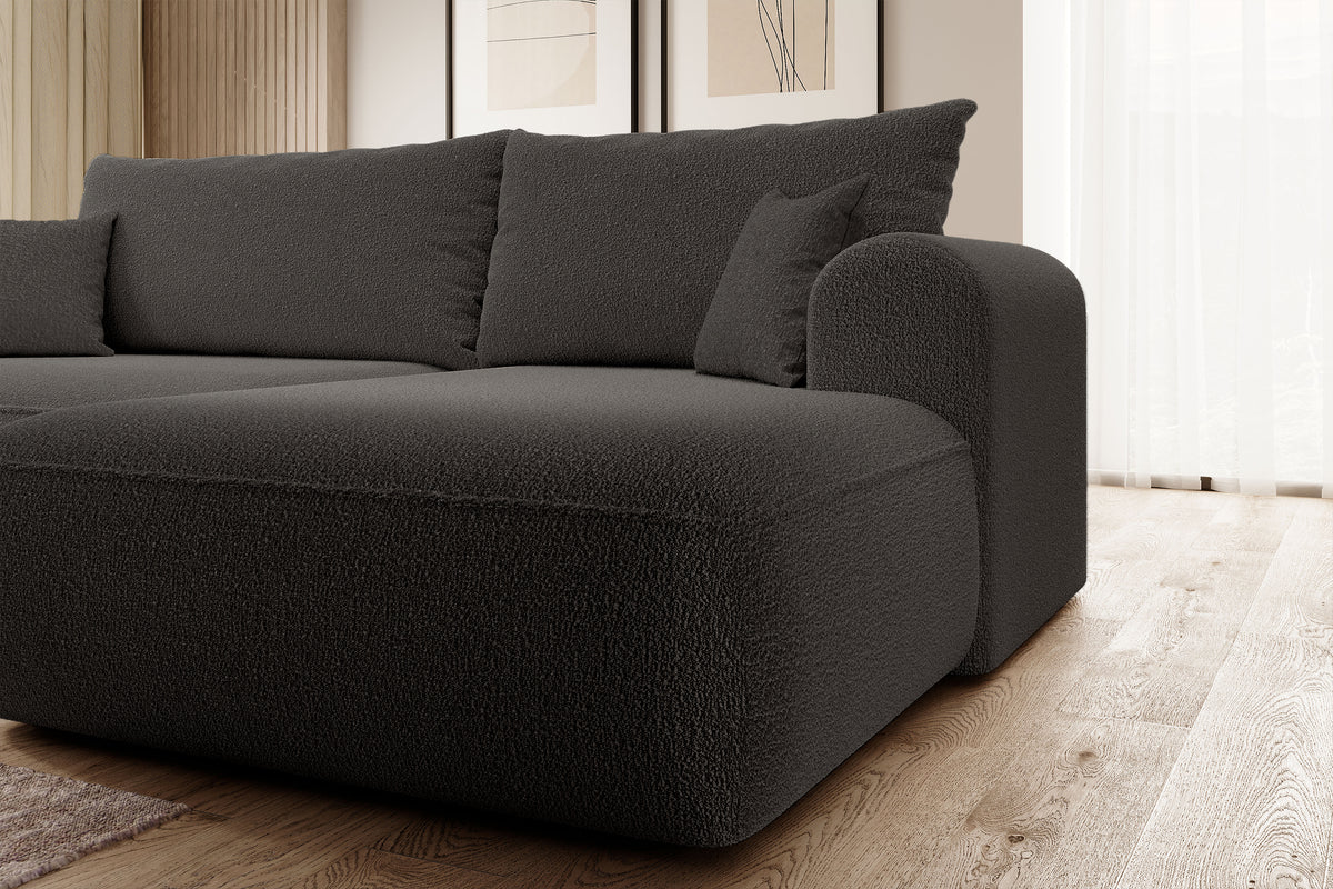 Canapé d'angle convertible Ovo en boucle gris foncé avec coffre, configuration en L, côté droit