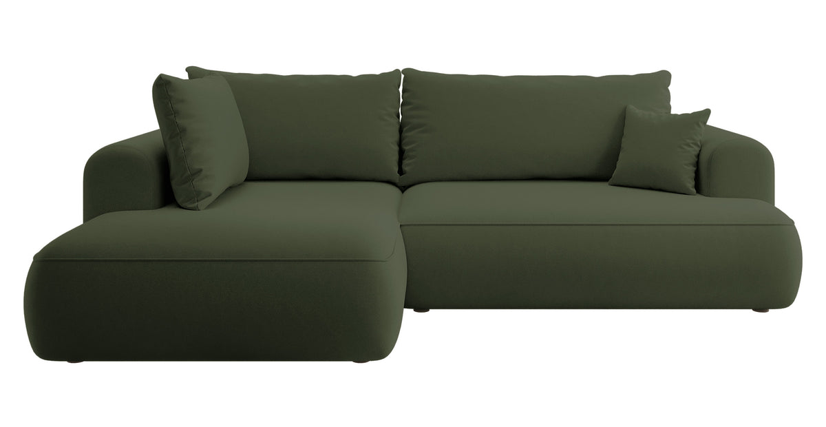 Canapé d'angle avec fonction couchage Ovo en L, accoudoir et coffre de rangement, velours olive facile d'entretien, version gauche