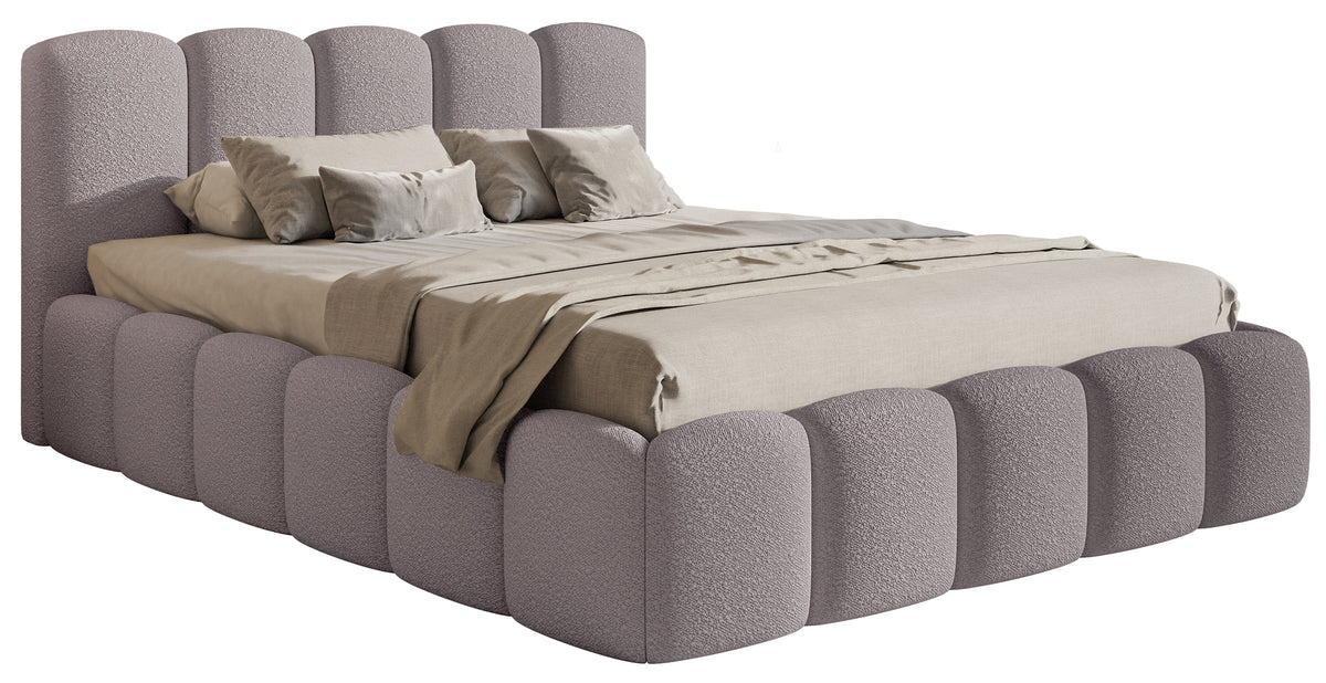 Gepolstertes Bett 140x200 cm Cloudy II mit Stauraum, grau-braunes Bouclé, Metallrahmen