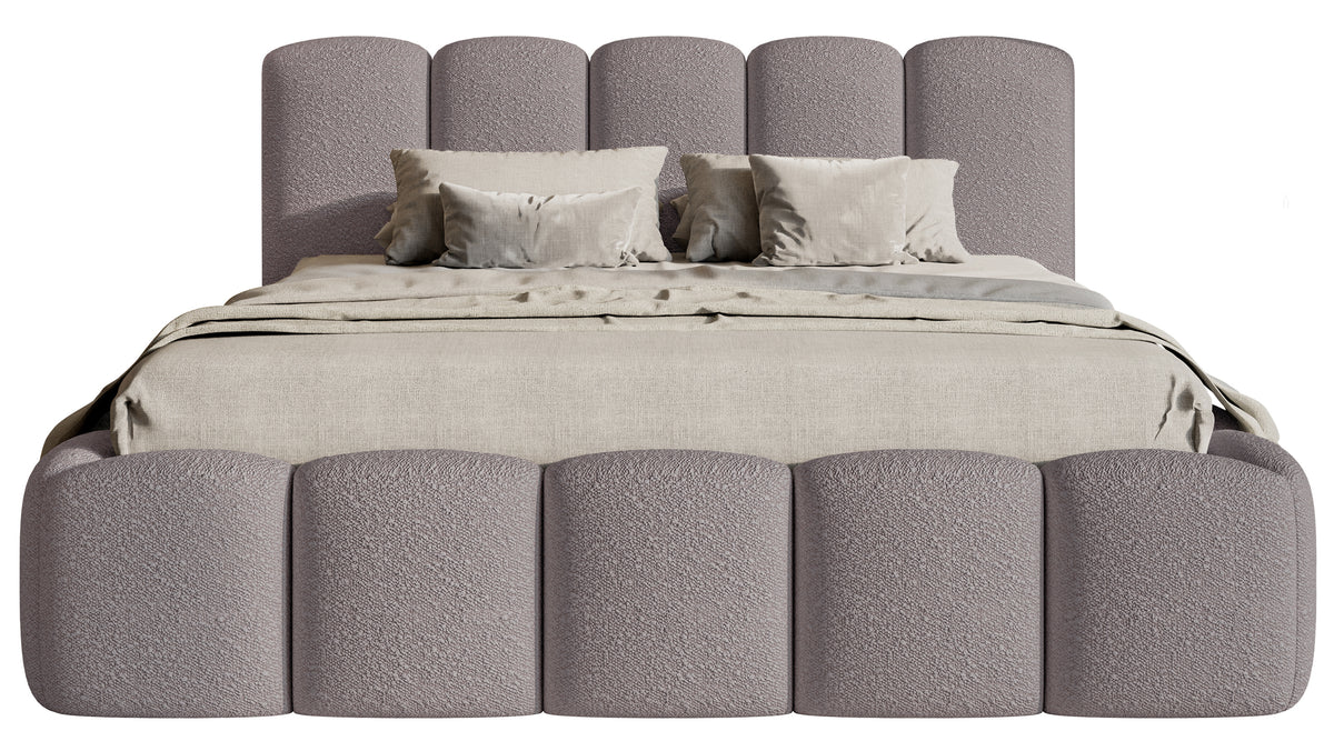 Gepolstertes Bett 140x200 cm Cloudy II mit Stauraum, grau-braunes Bouclé, Metallrahmen