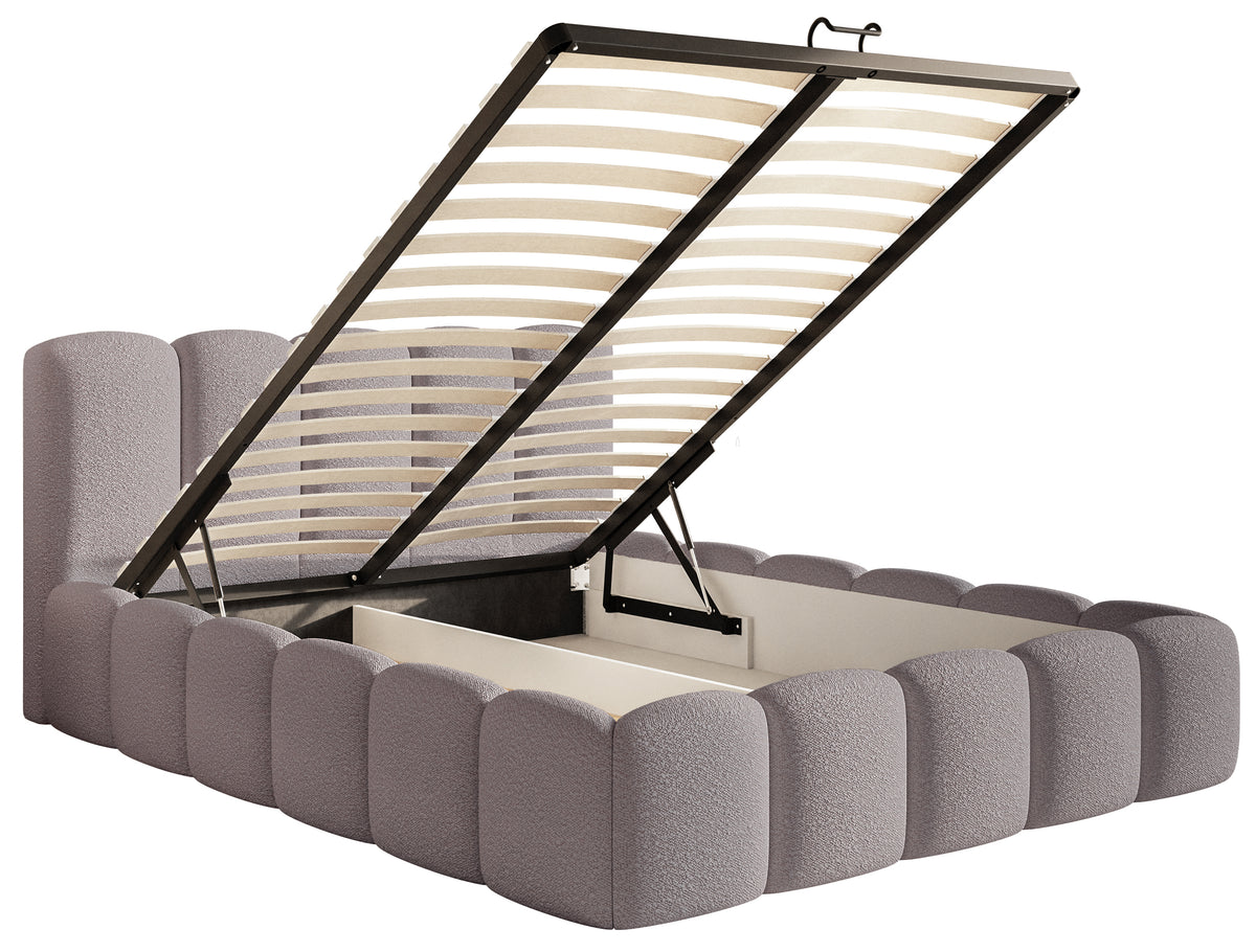 Gepolstertes Bett 140x200 cm Cloudy II mit Stauraum, grau-braunes Bouclé, Metallrahmen