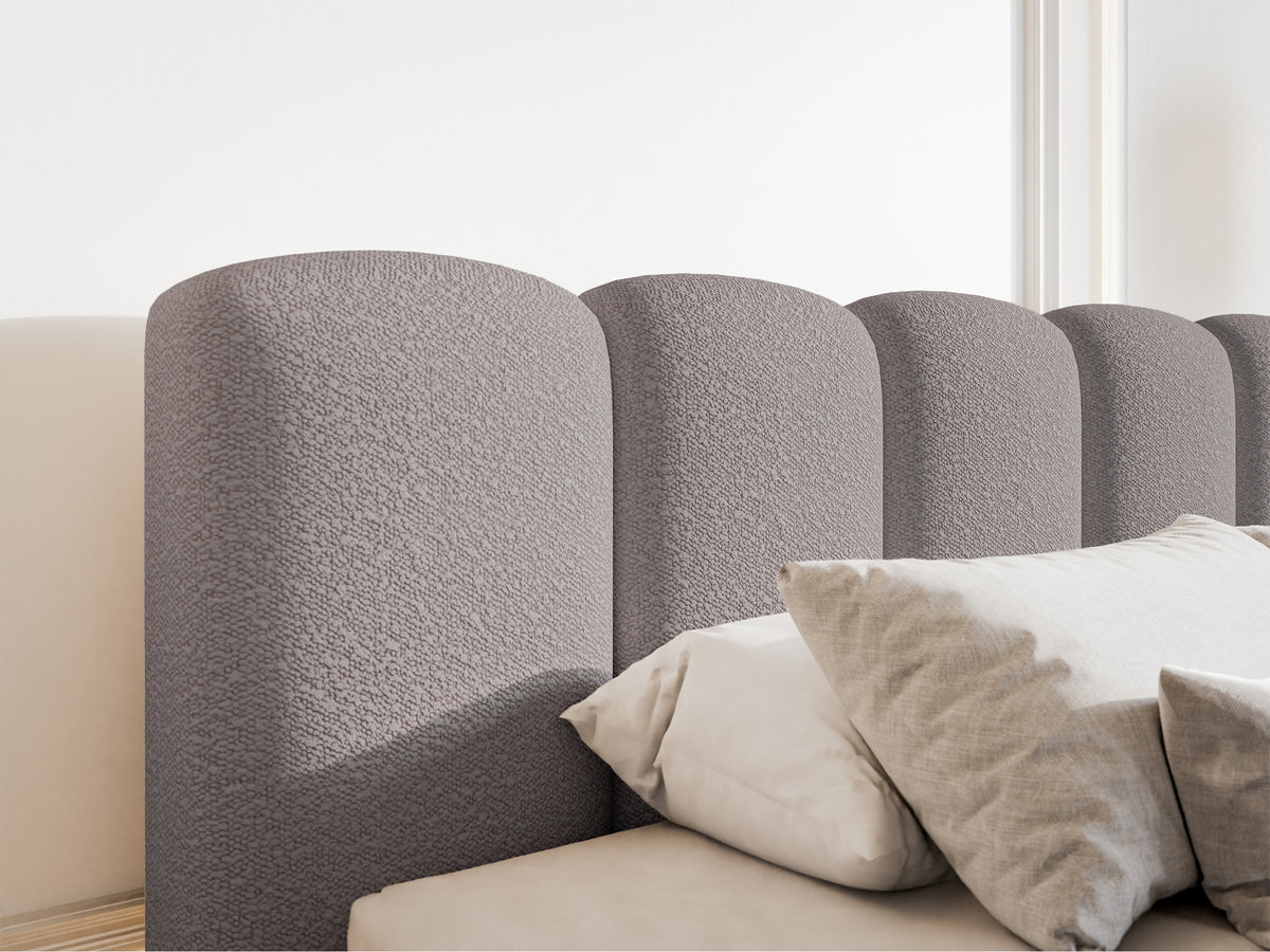 Gepolstertes Bett 140x200 cm Cloudy II mit Stauraum, grau-braunes Bouclé, Metallrahmen