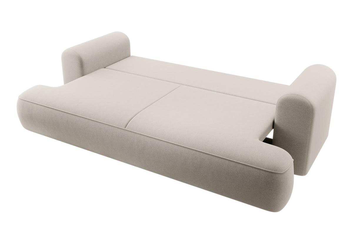 Canapé convertible 3 places Ovo avec rangement, velours crème en tissu facile à nettoyer