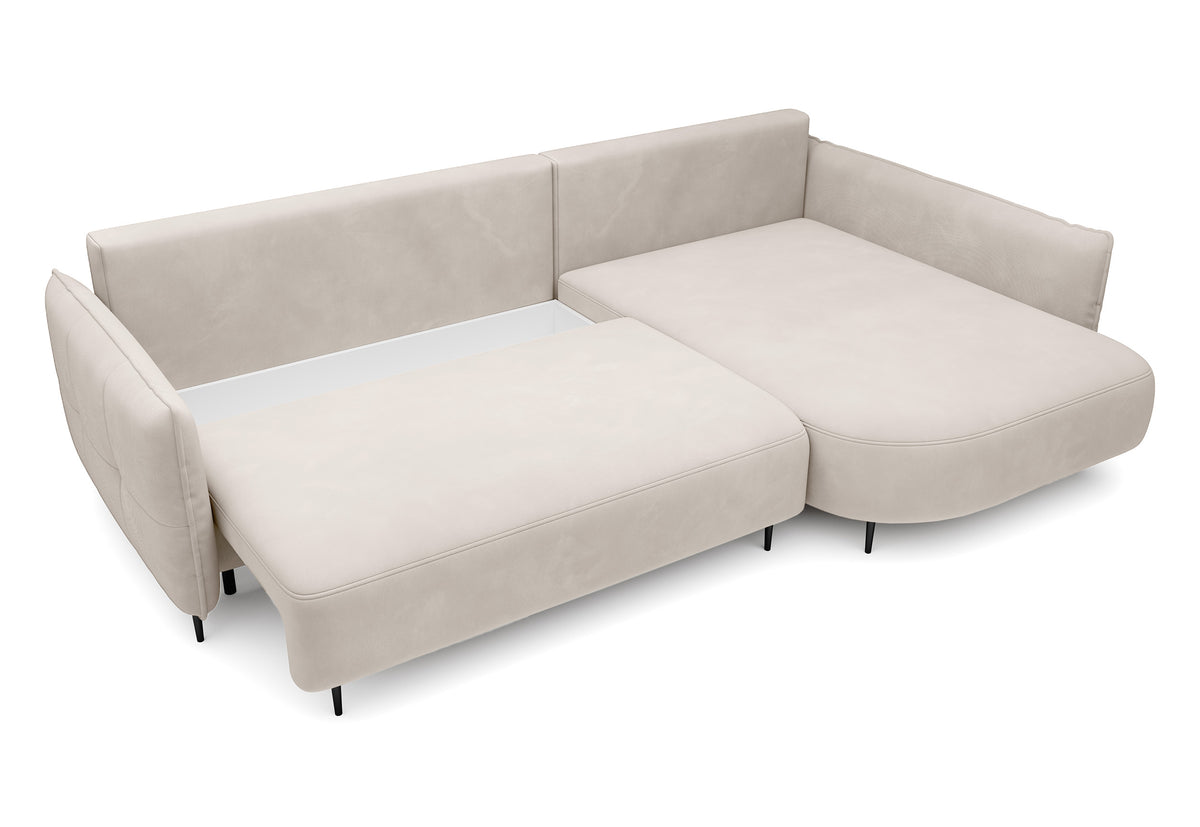 Ecksofa Oblivio mit Schlaffunktion, L-förmig, mit Stauraum, cremefarbener Samt, rechtsseitig, wasserabweisend