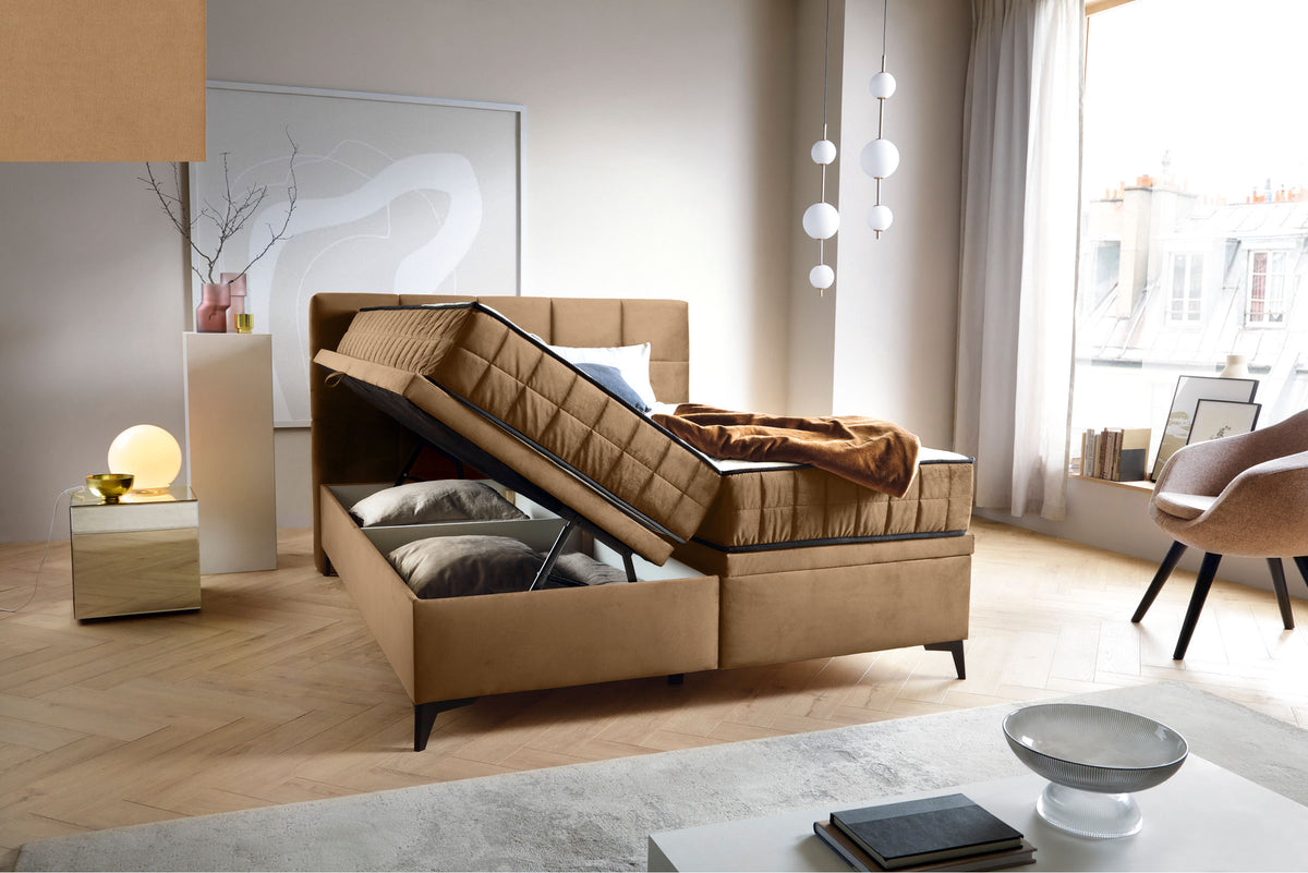 Lit continental 160x200 cm Beriano avec rangements et matelas, velours beige