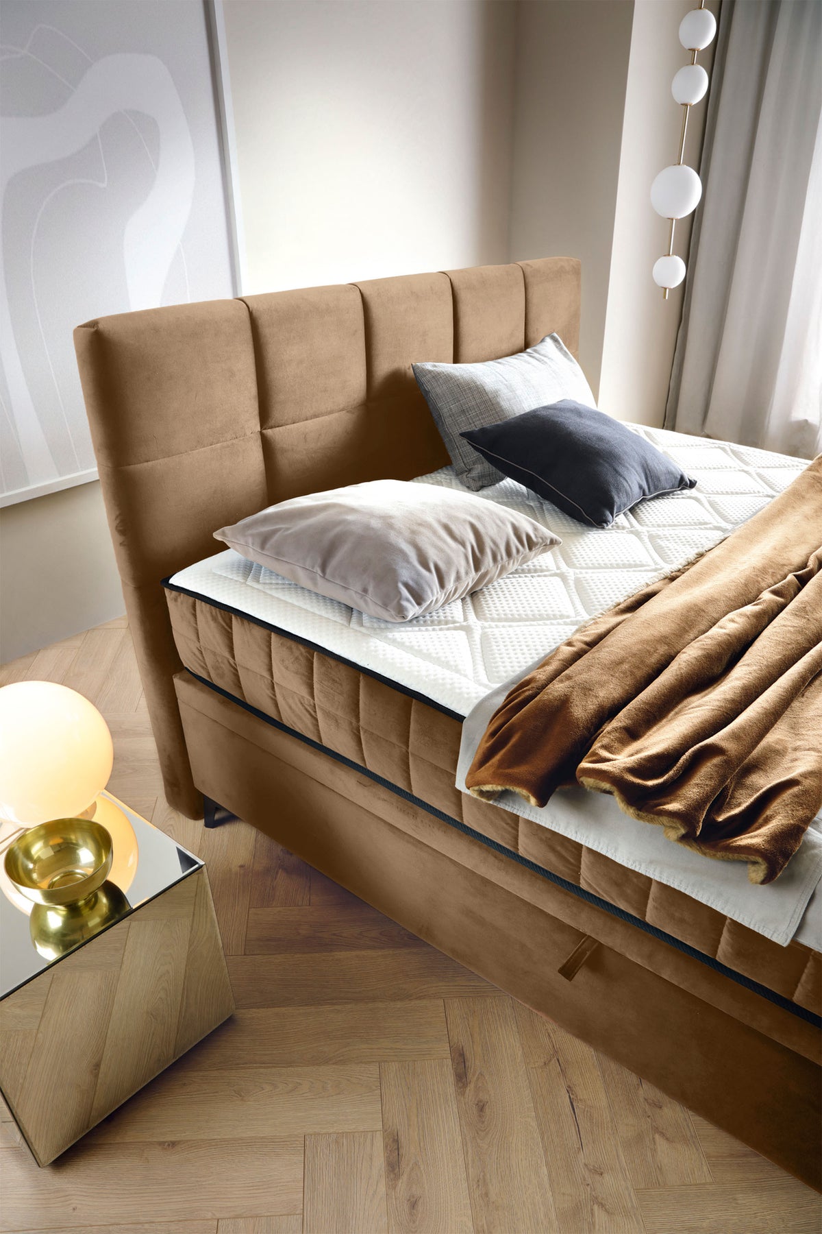 Lit continental 160x200 cm Beriano avec rangements et matelas, velours beige