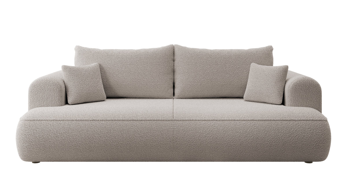 Dreisitziges ausklappbares Sofa Ovo mit Stauraum, dunkelbeiges Bouclé