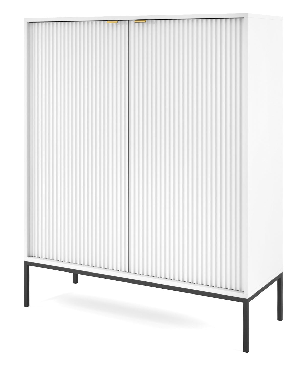Commode haute Vellore blanche avec façades rainurées et poignées dorées