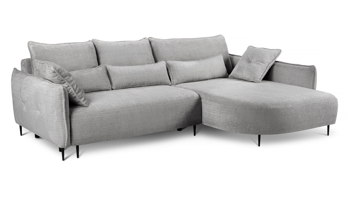 Canapé d'angle Oblivio gris en tissu chenille avec fonction couchage et coffre de rangement, version droite