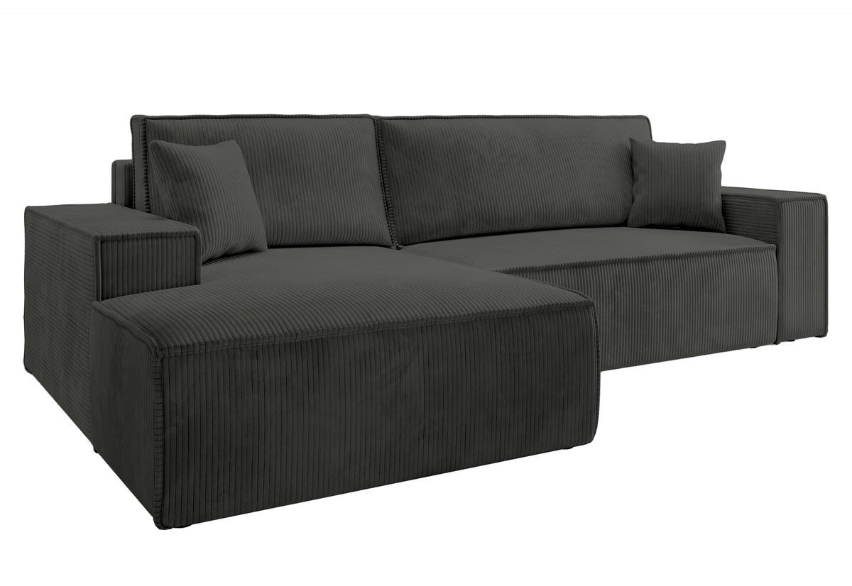 Canapé d'angle avec fonction couchage Farese New en velours côtelé gris foncé, côté gauche, avec rangement