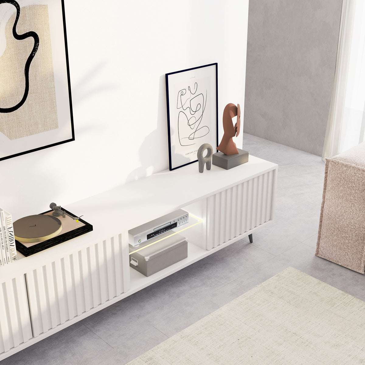 Meuble TV Bello avec façades à lamelles 175 cm blanc avec LED et pieds noirs