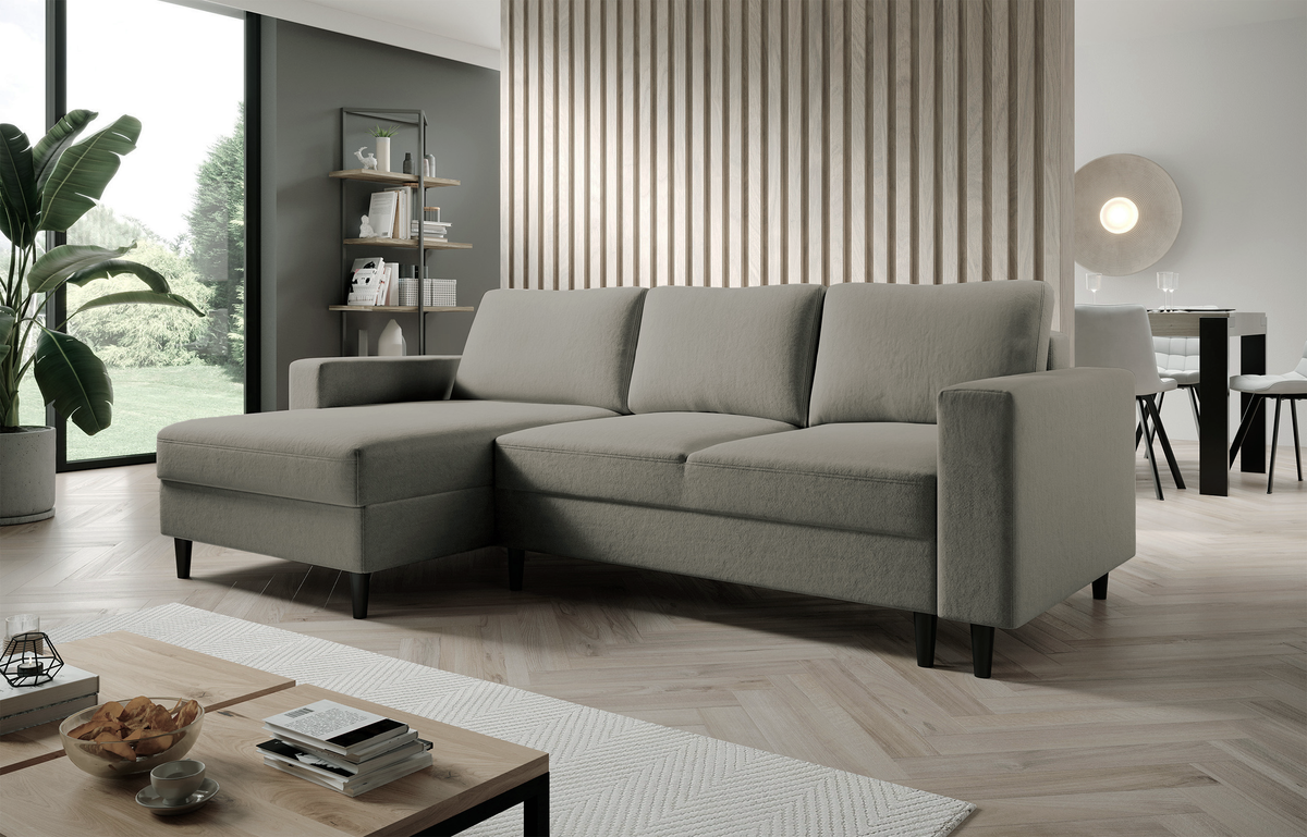 Canapé d'angle avec fonction couchage Nalika en L, avec rangement, velours hydrofuge beige foncé, côté gauche
