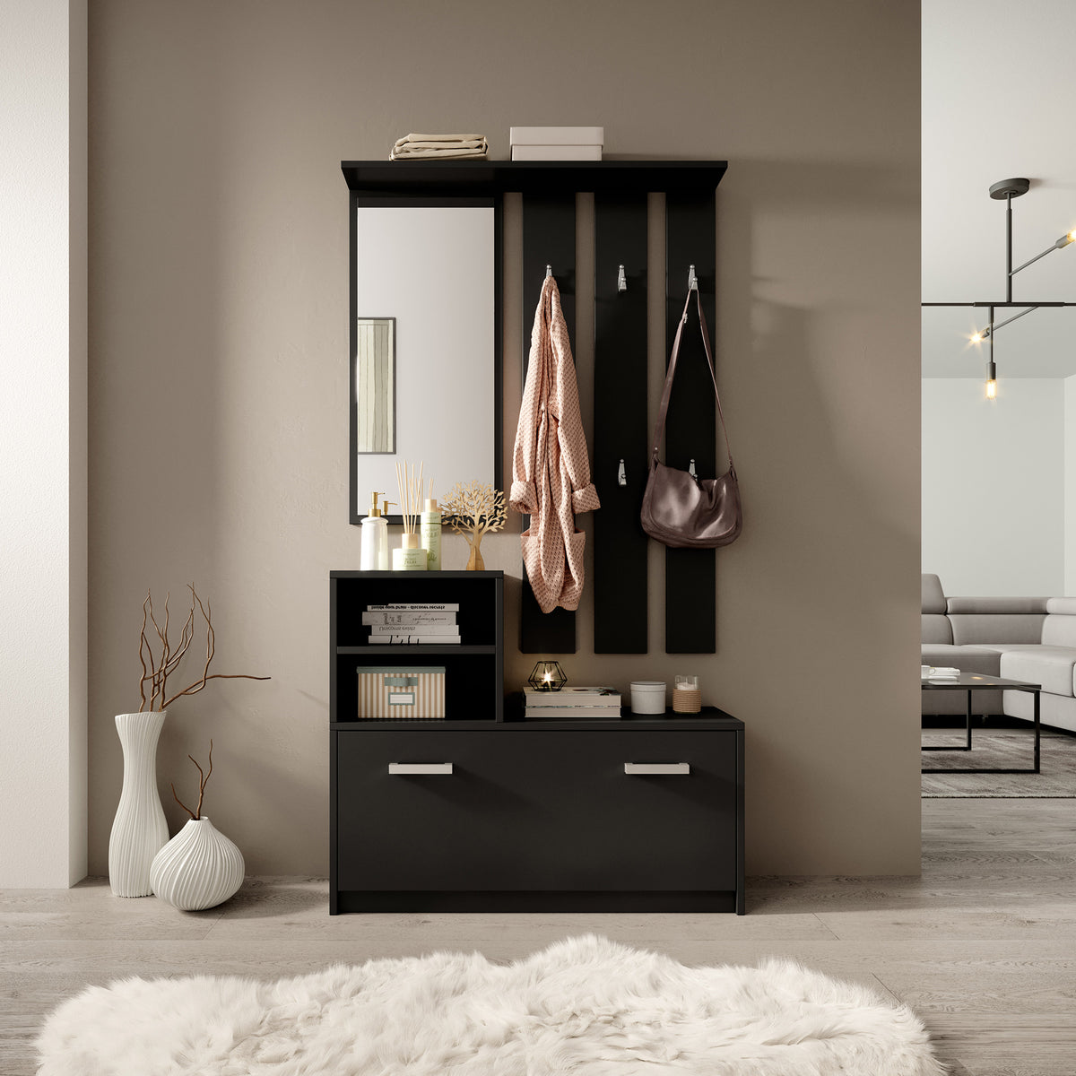 Yesfir Flur-Set mit Spiegel, Haken, Regalen und Schuhschrank Schwarz