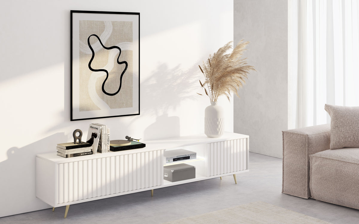 Meuble TV Bello avec façades à lamelles 175 cm blanc avec LED et pieds dorés