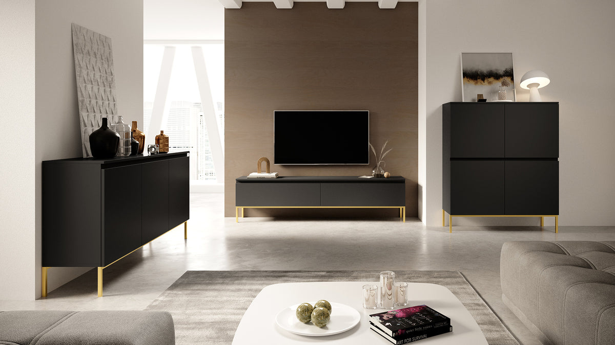 Commode trois portes Bemmi 150 cm noire avec pieds dorés