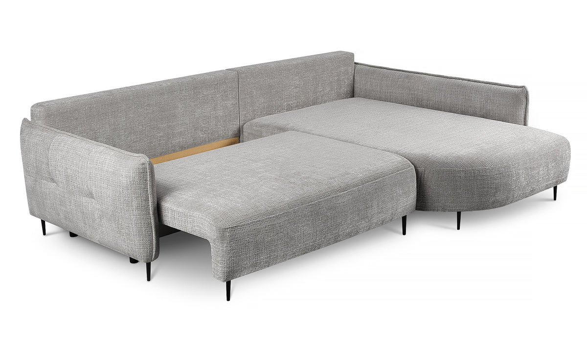 Canapé d'angle Oblivio gris en tissu chenille avec fonction couchage et coffre de rangement, version droite