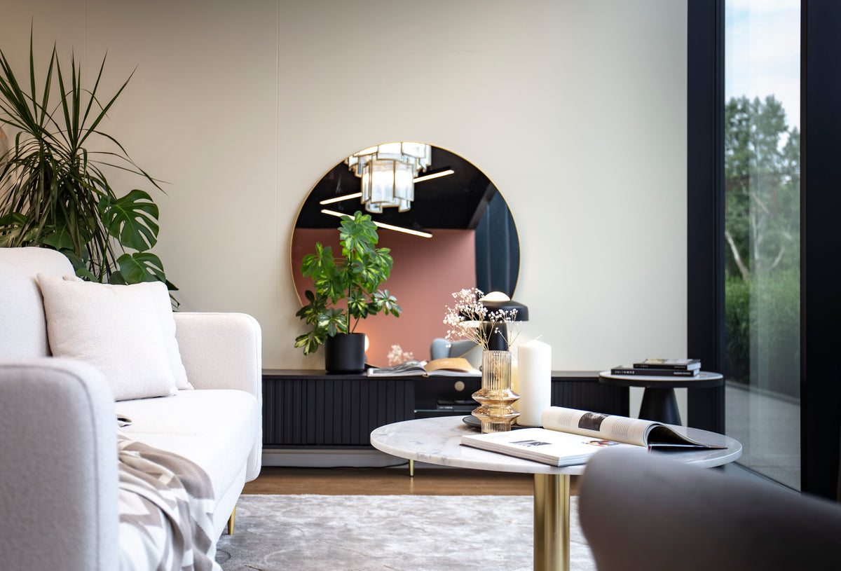 Meuble TV Bello avec façades à lamelles 175 cm noir avec LED et pieds dorés