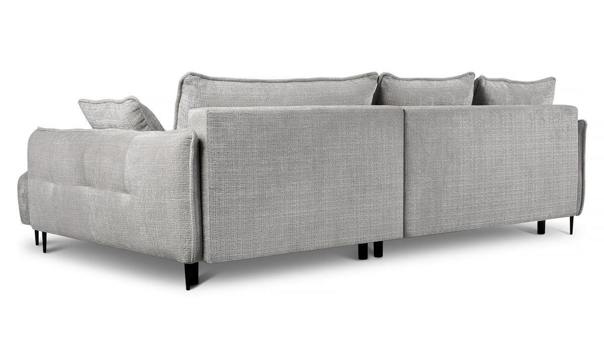 Canapé d'angle Oblivio gris en tissu chenille avec fonction couchage et coffre de rangement, version droite