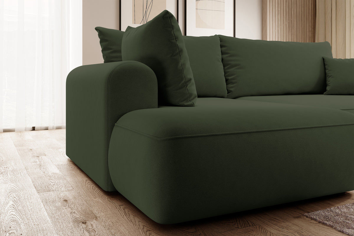 Canapé d'angle avec fonction couchage Ovo en L, accoudoir et coffre de rangement, velours olive facile d'entretien, version gauche