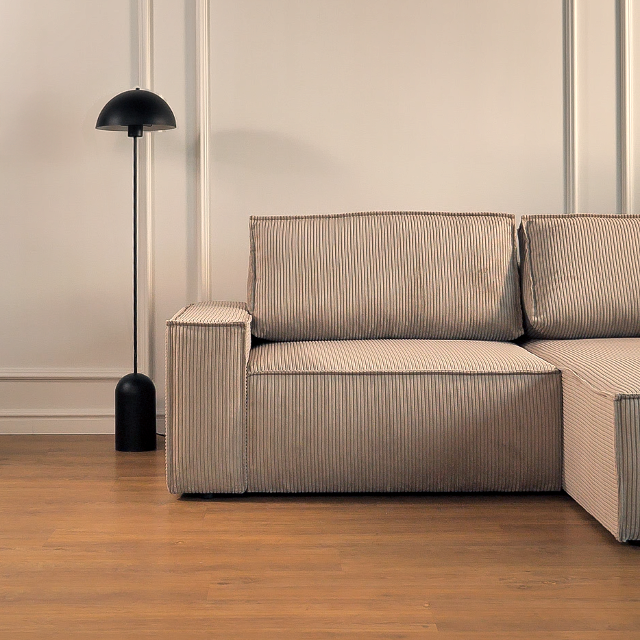 Canapé d'angle avec fonction couchage Farese mini en L, angle droit, avec rangement, velours côtelé beige