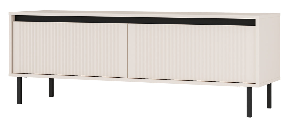 TV-Schrank Osaka mit zwei Schubladen und gerillten Fronten, 140 cm, sandbeige auf schwarzen Beinen